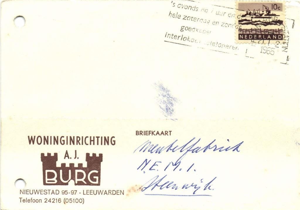 Woninginrichting A.J. Burg, Leeuwarden - 01.1965 - briefkaar, Ophalen of Verzenden, Briefkaart