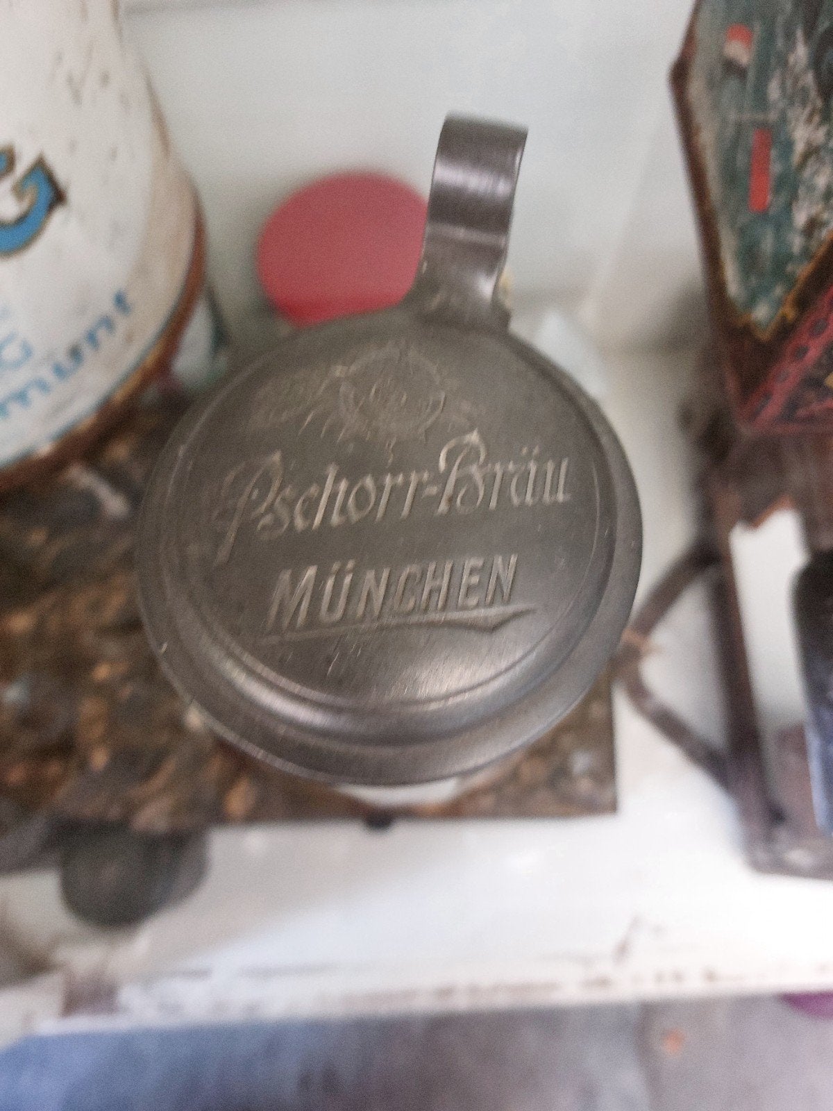 Antieke Pschorr-Bräu München bierpul met tinnen deksel, Ophalen of Verzenden