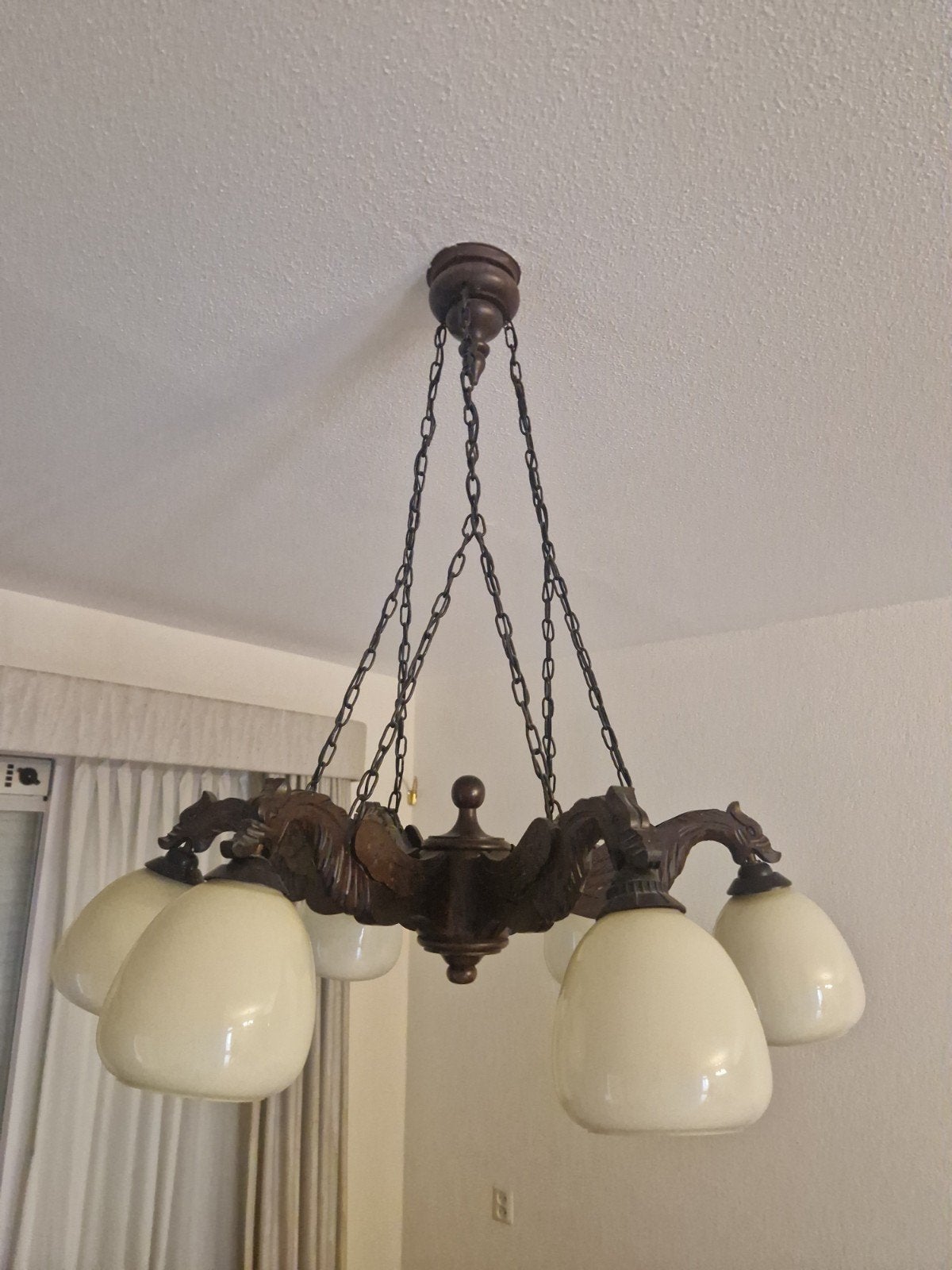 Unieke  oude houten draken kroonluchter met 5 lampen, Ophalen of Verzenden
