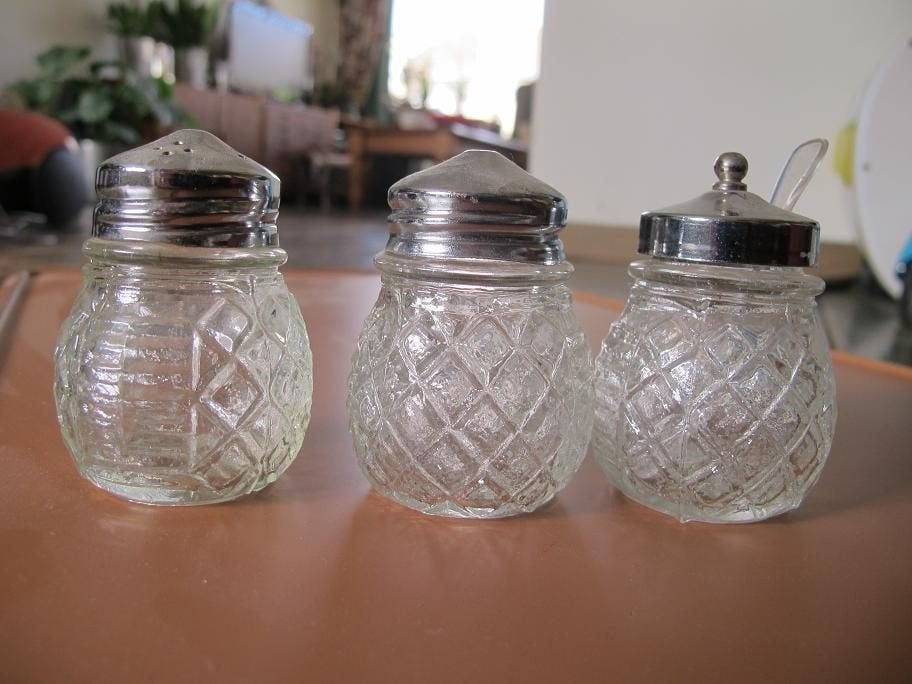 Antiek Peper, zout, confituren setje van glas, Ophalen of Verzenden