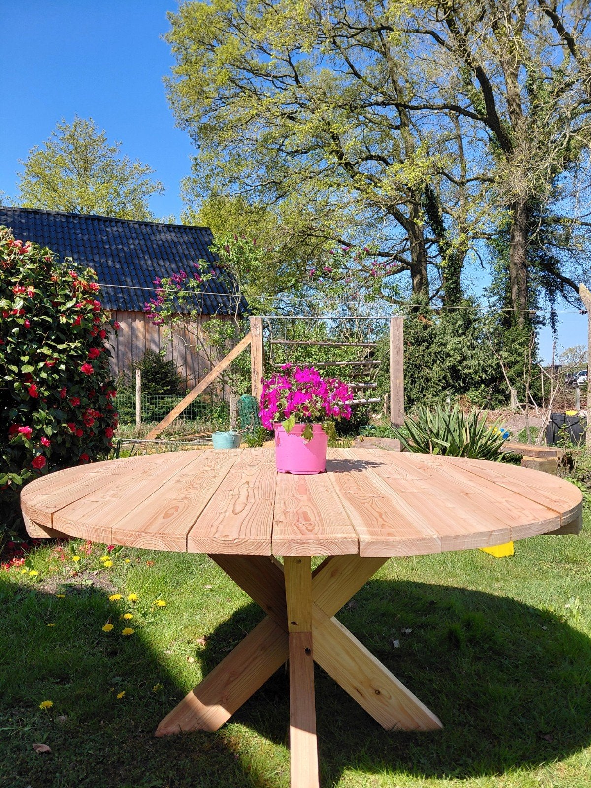 Zeer mooie ronde tuintafel XXL | eettafel | 3D poot | Ø150cm, Ophalen, Zo goed als nieuw, Rond, Hout