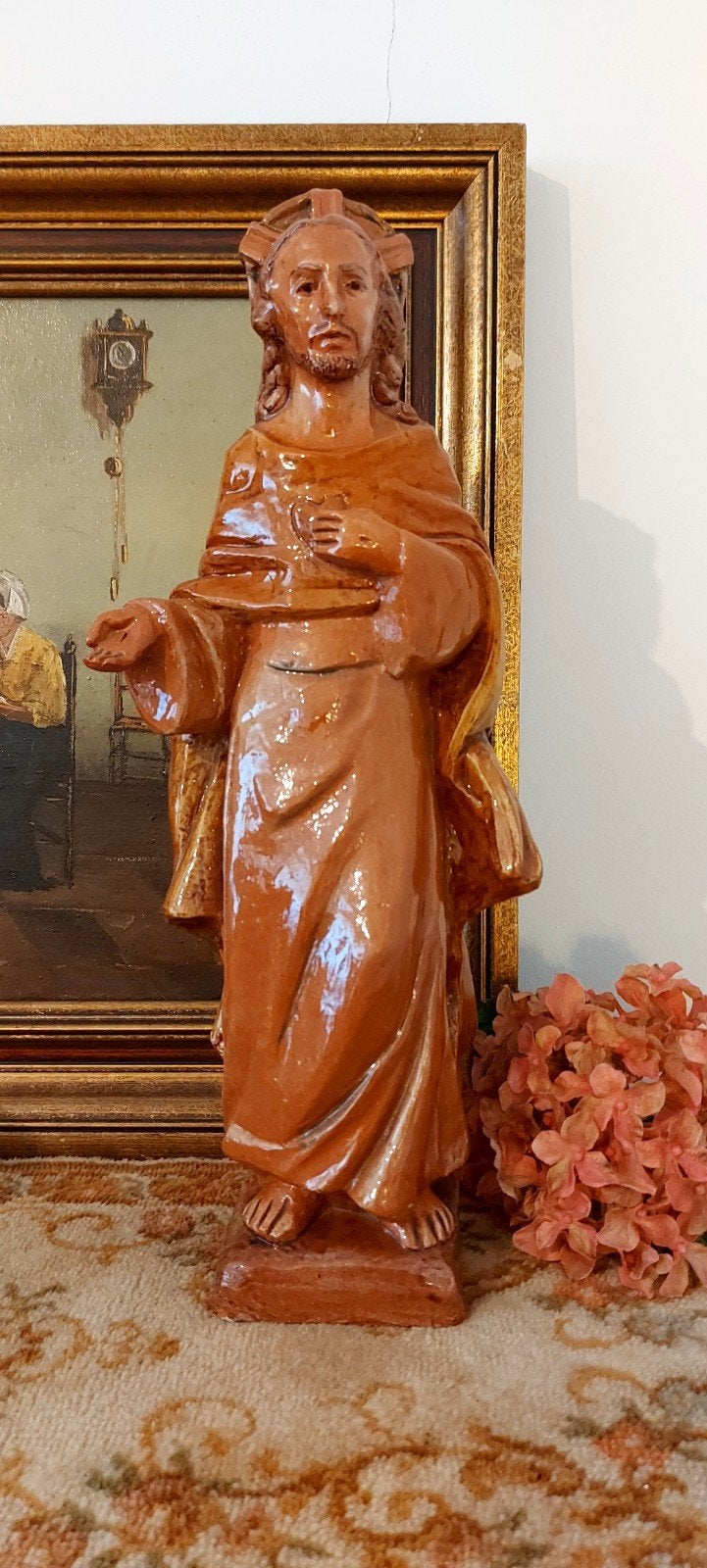 Mooi! Groot oud terracotta beeldhouwwerk: Heilig Hart beeld, Antiek en Kunst, Ophalen