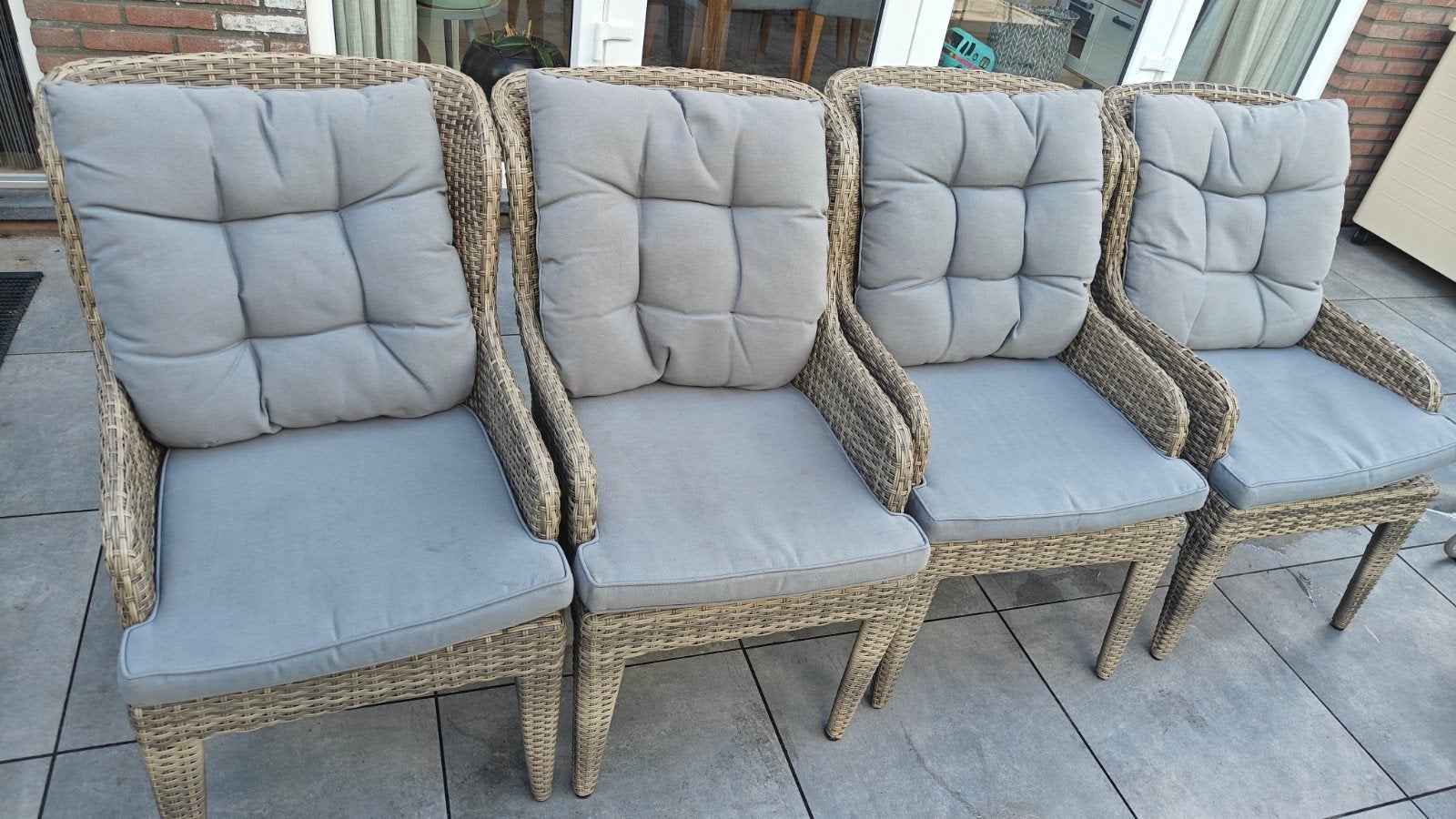4 Dining stoelen met kussens, Ophalen, Gebruikt, Wicker