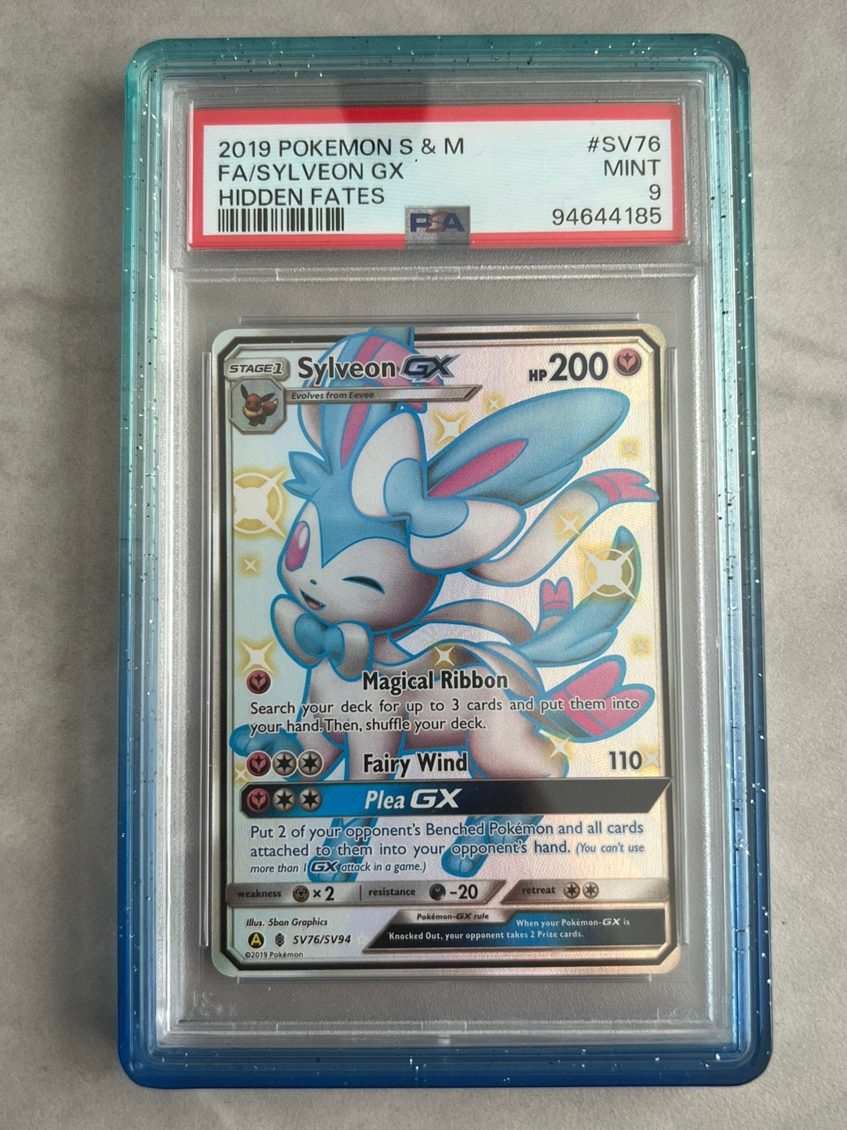 Sylveon GX SV76 PSA 9 MINT Hidden Fates Pokémon Kaart, Ophalen of Verzenden, Zo goed als nieuw, Losse kaart, Foil