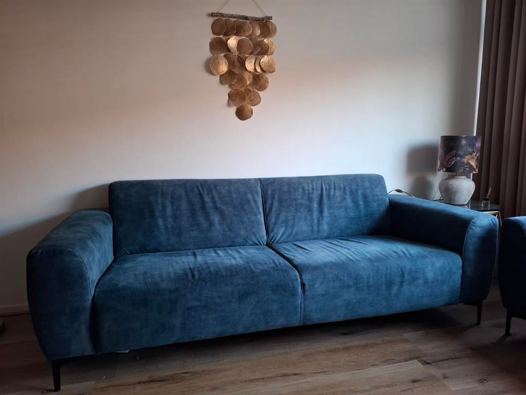 Mooie fluwelen blauwe 3 zitsbank ( Woonexpress), Ophalen, Gebruikt, 75 tot 100 cm, Rechte bank