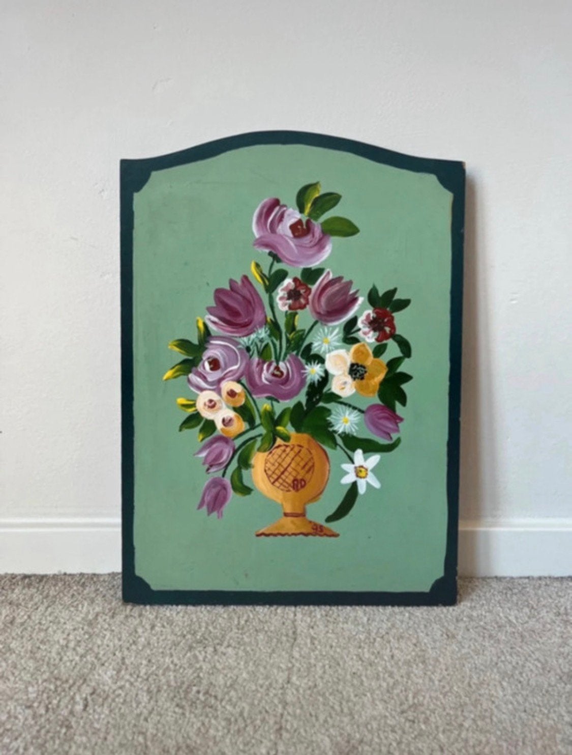 Met bloemen beschilderd paneel, 35x25cm. Boho bohemian Ibiza, Bloemen, Verzenden, Handgeschilderd, Vintage