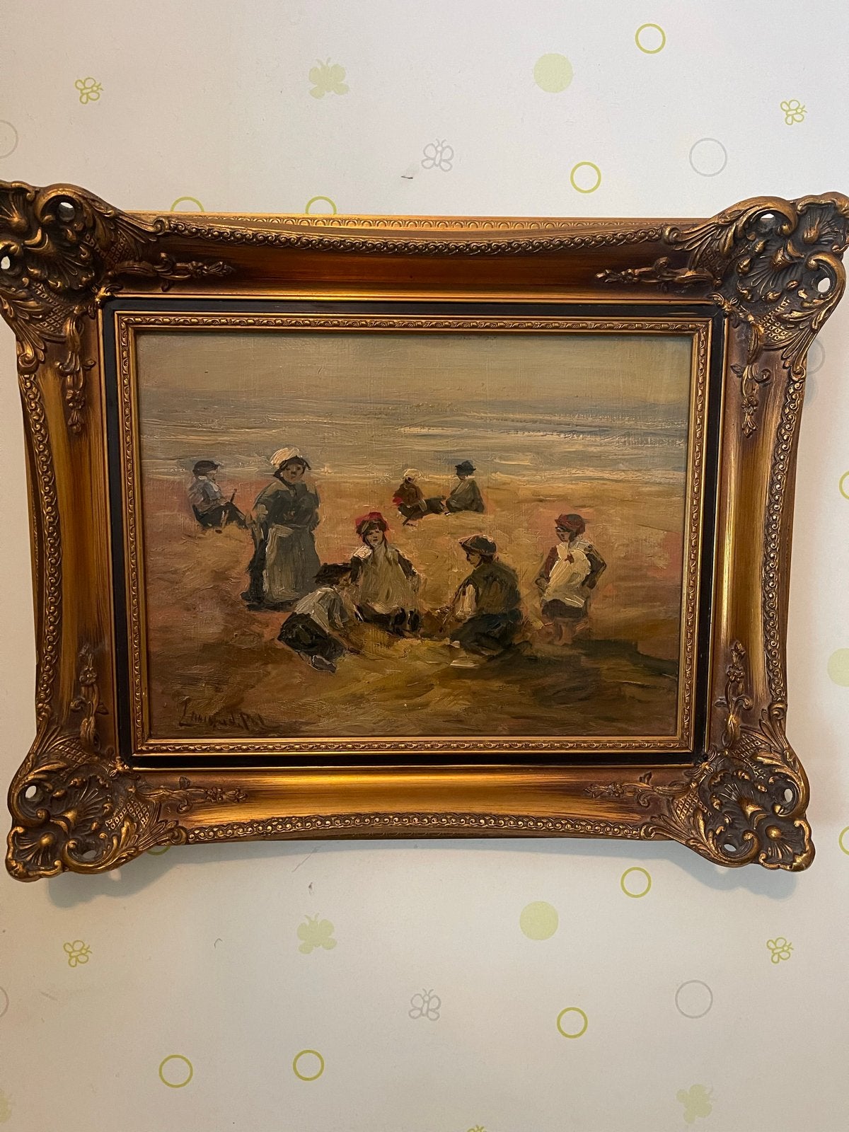 Olieverfschilderij:Kinderen op het strand - Louis van de Pol, Doek, Portret of Personen, Realistisch, Ophalen of Verzenden