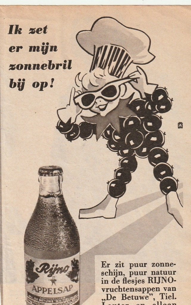 Retro reclame 1957 Betuwe Flipje Tiel met zonnebril, Verzenden, Overige typen