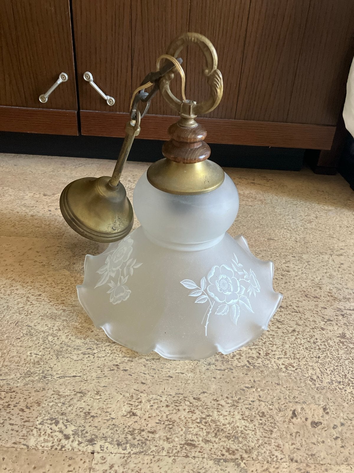 Vintage Hanglamp met Koperen Bovenkant en Matglazen Kap, Ophalen of Verzenden, Gebruikt, Metaal