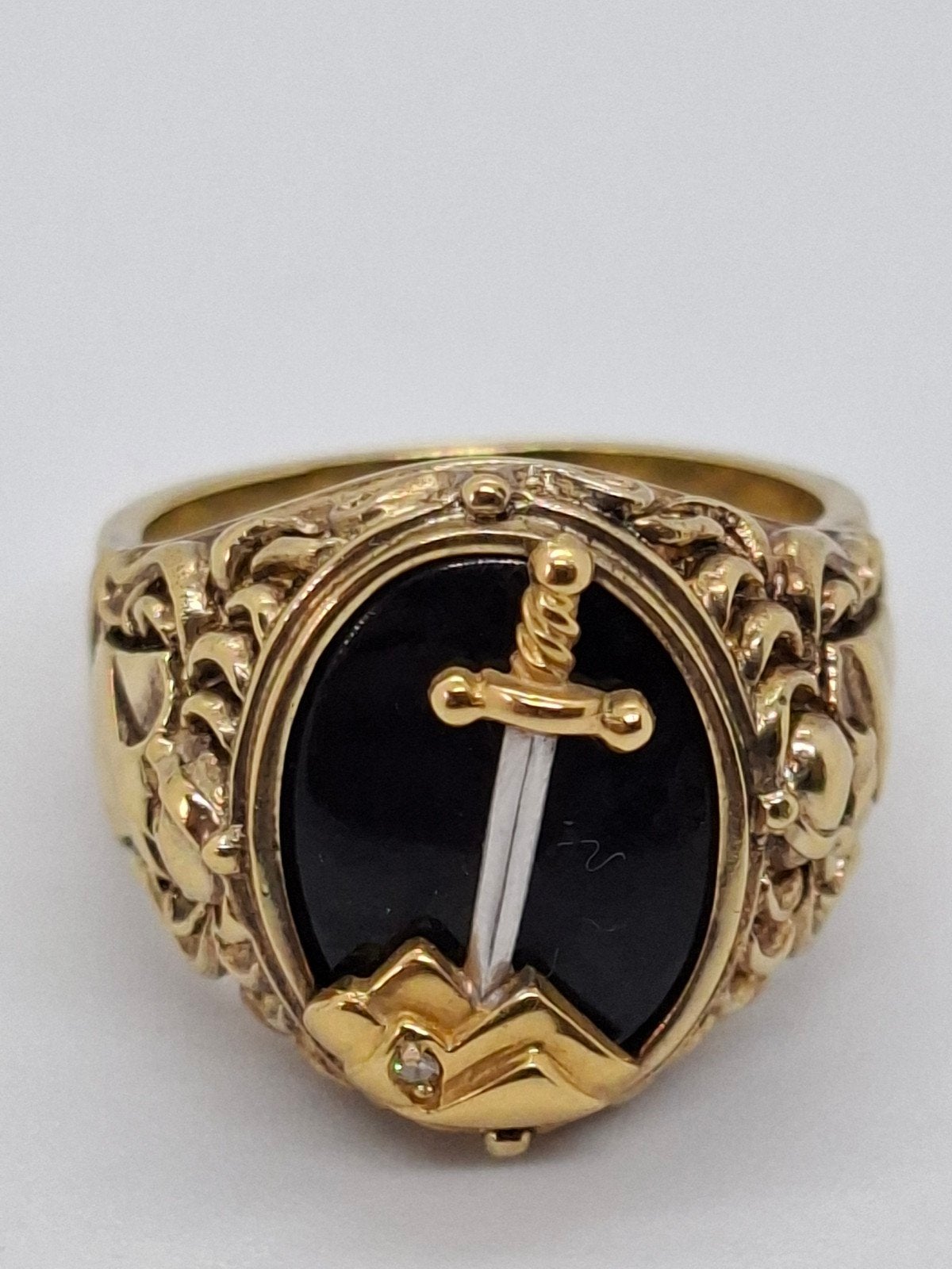 Franklin Mint 10K Goud Zilver Onyx Ring Maat 19.5, Ophalen of Verzenden