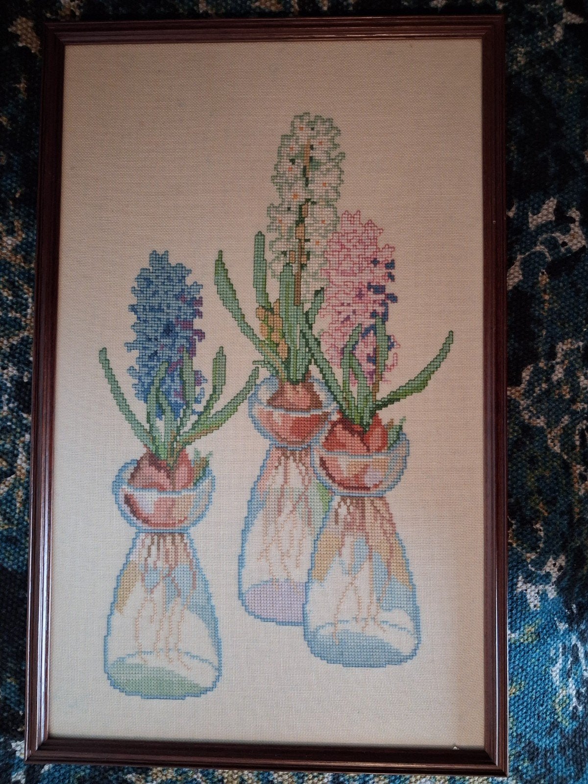 Geborduurd schilderij hyacinten in lijst, Ophalen, Minder dan 50 cm, Gebruikt, Schilderij