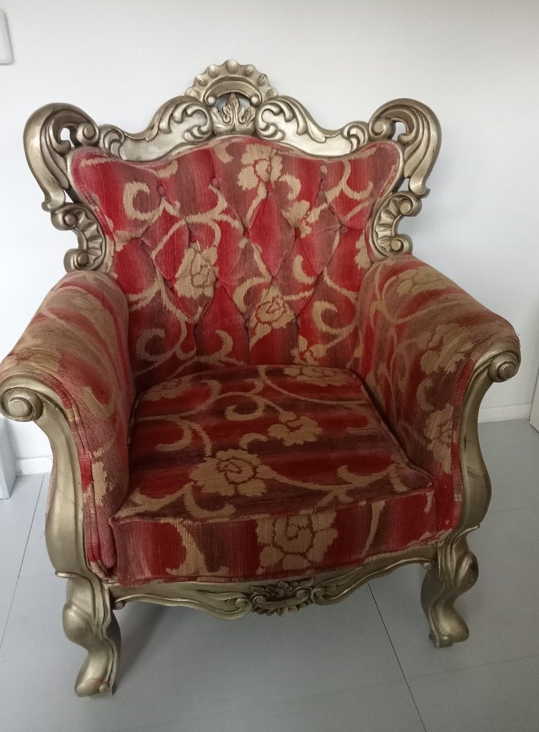 BAROK FAUTEUIL GOUD/BRONS STOF GECAPITONNEERD GEMELEERD, Huis en Inrichting, Fauteuils, Ophalen, Gebruikt, Stof, 75 tot 100 cm