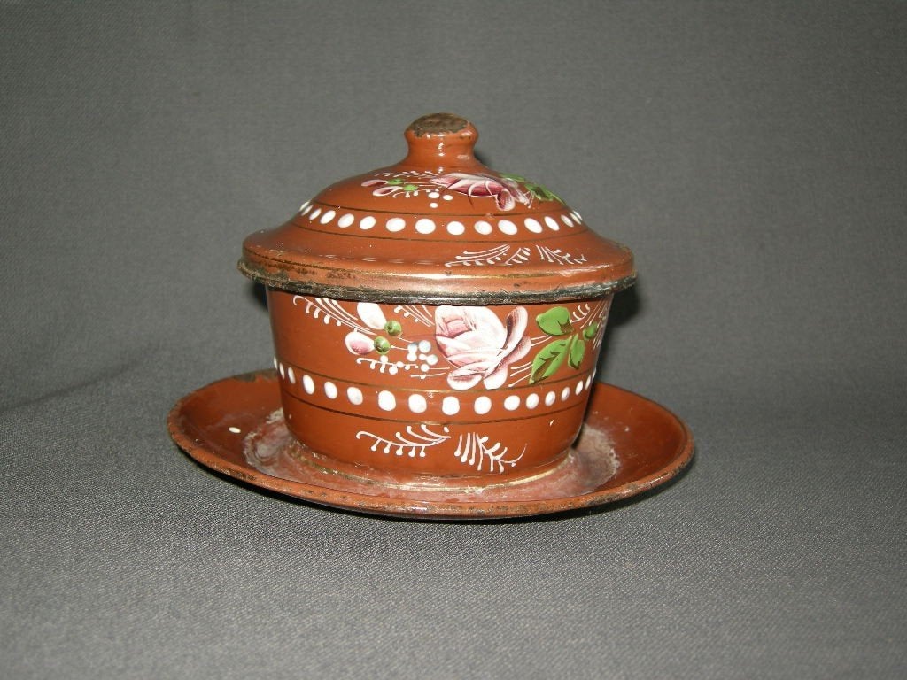 Emaille bruin, 2 botervloten met deksel van rond 1900, Antiek en Kunst, Antiek | Emaille, Ophalen of Verzenden