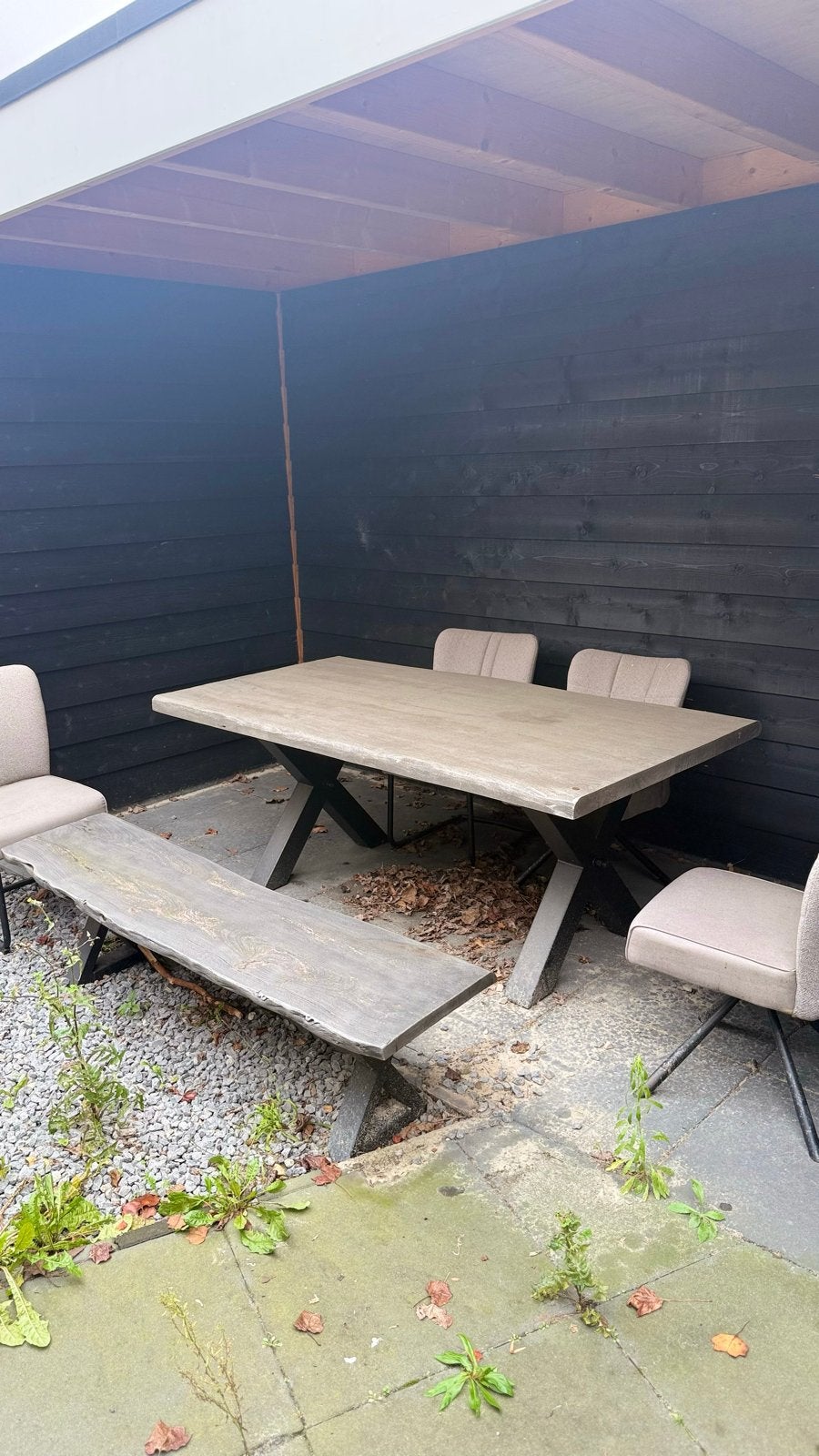 Robuuste houten tuintafel met bank en stoelen, Tuin en Terras, Ophalen, Gebruikt, Rechthoekig, Hout