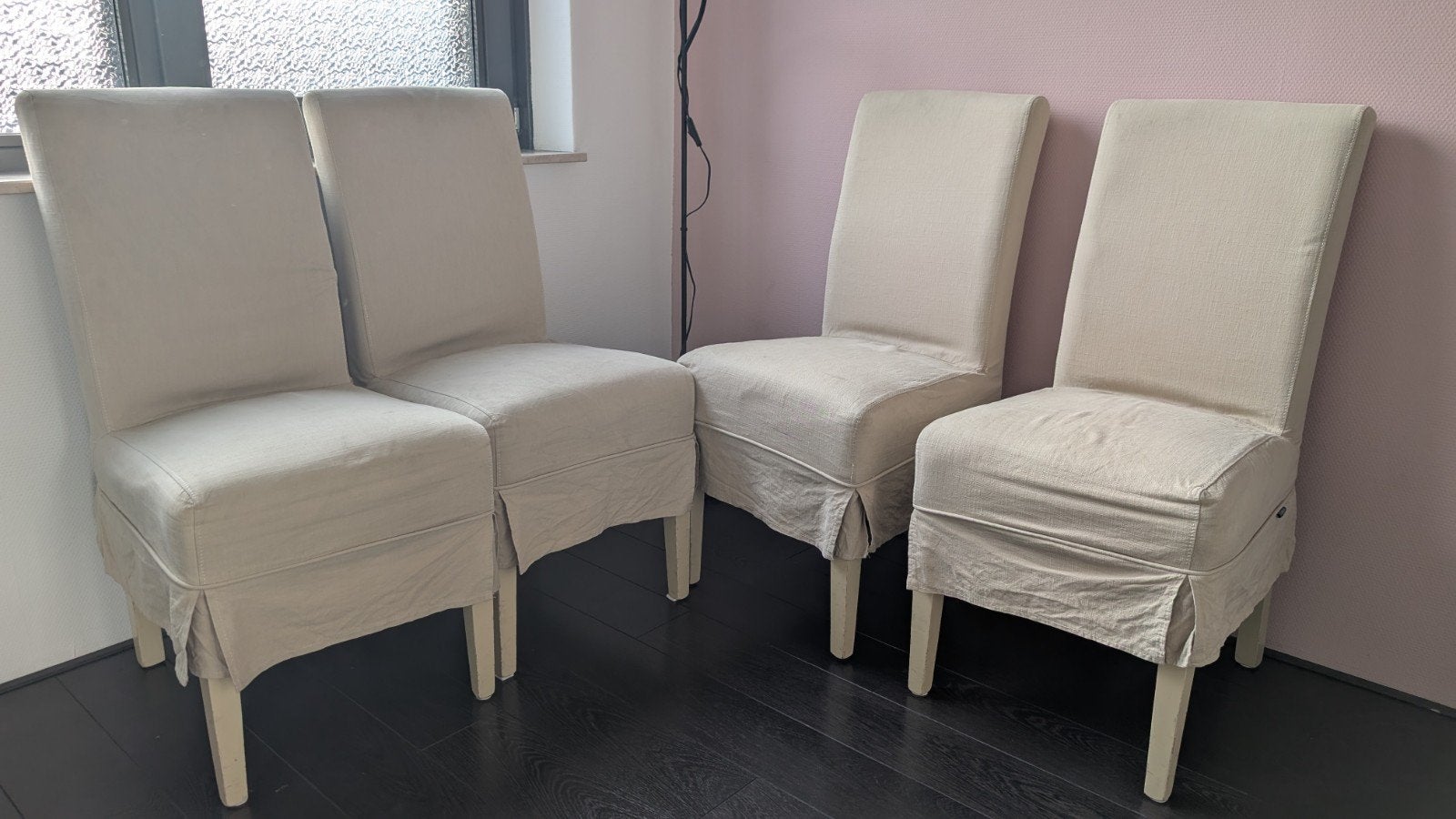 4 eetkamerstoelen met crèmekleurige stoffen bekleding, Hout, Gebruikt, Overige kleuren, Ophalen of Verzenden