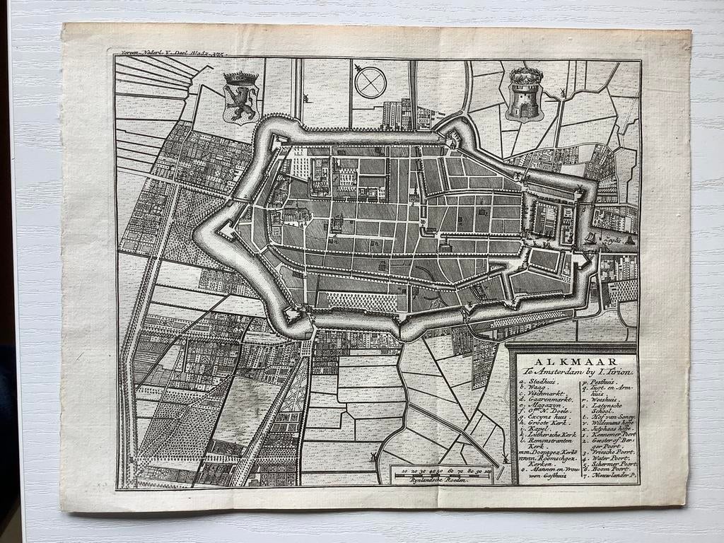 Antieke plattegrond Alkmaar 1740-1750 Tirion gravure, Antiek en Kunst, Verzenden