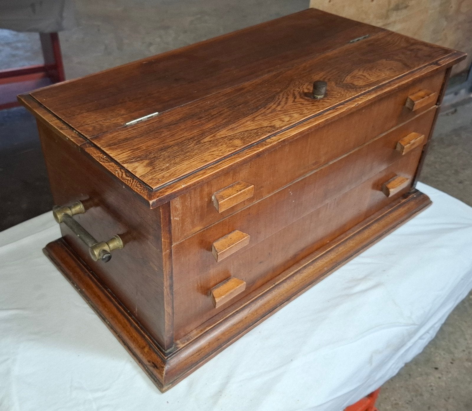antieke bestekkist met 3 laden en messing handgrepen, Antiek en Kunst, Ophalen of Verzenden