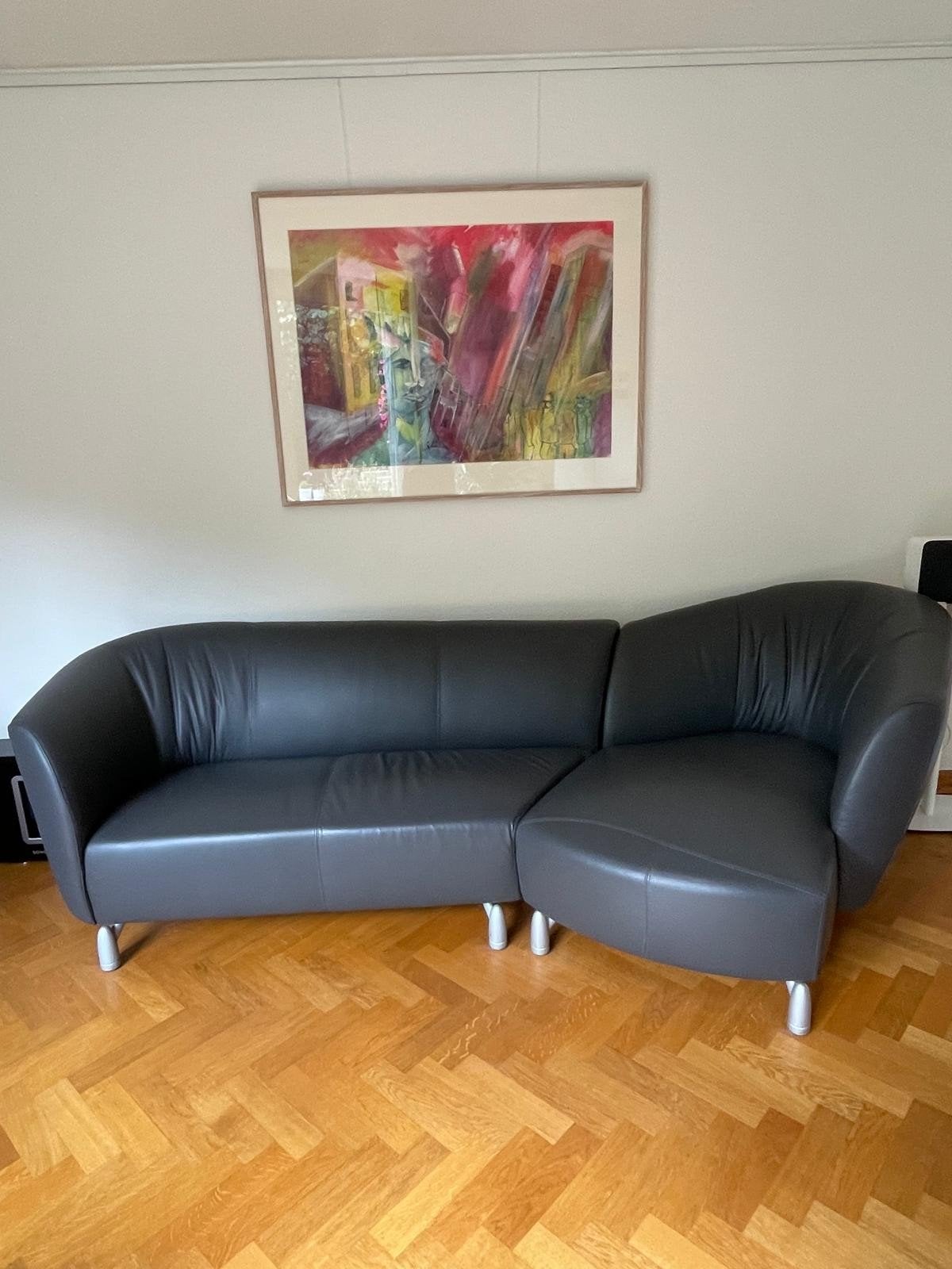 Leolux Flint bank met chaise-longue, donkergrijs leer, Gebruikt, Hoekbank, Leer, Ophalen of Verzenden
