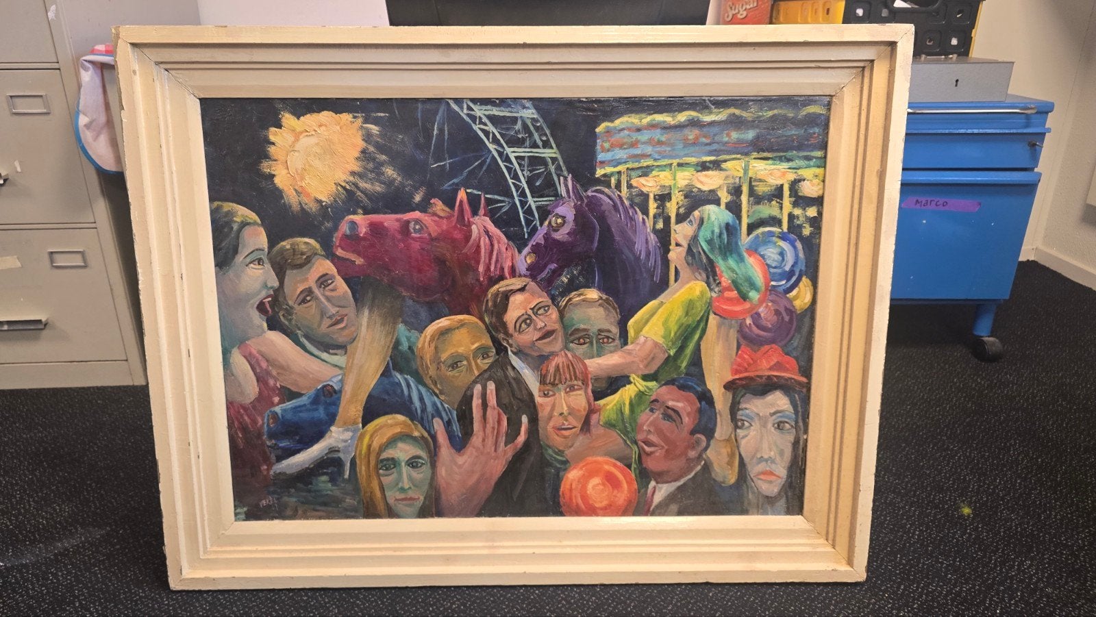 Zeldzaam origineel schilderij Dirk Verèl (1967) Kermisscene, Ophalen of Verzenden