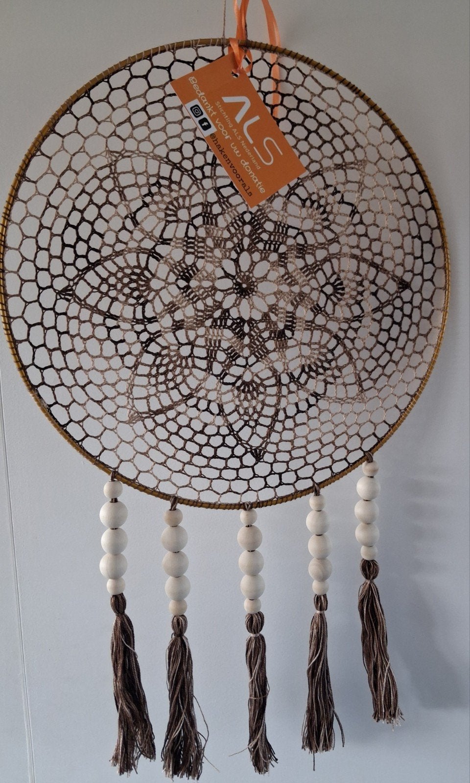 Dromenvanger/mandela met gehaakt patroon en kwastjes, Boho, Nieuw, Ophalen of Verzenden, Bruin