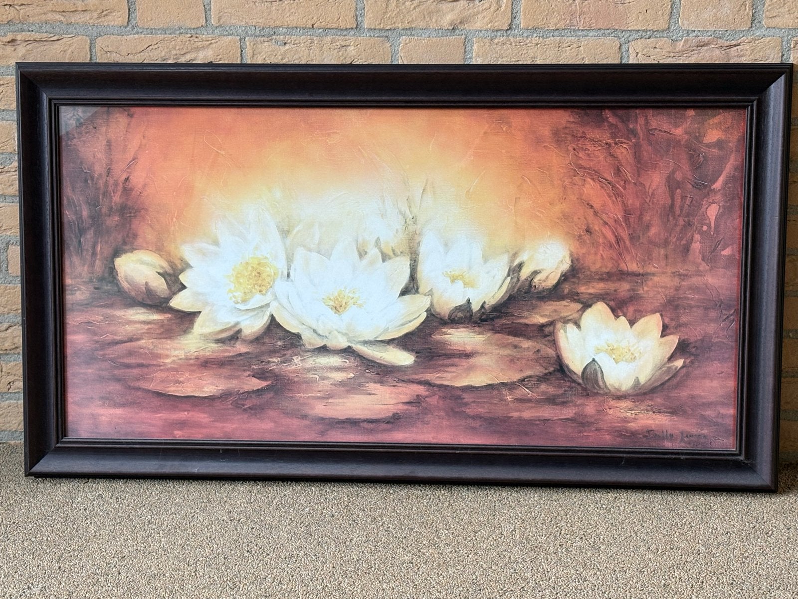 Schilderij waterlelies in lijst, Antiek en Kunst, Doek, Realistisch, Gesigneerd, Olieverf