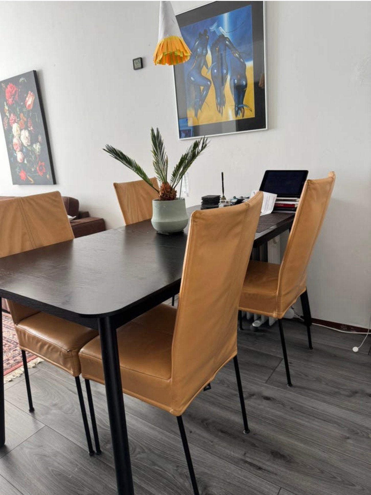 4 comfortabele okergele leren eetkamer stoelen, Huis en Inrichting, Stoelen, Ophalen, Gebruikt, Overige kleuren, Modern/klassiek
