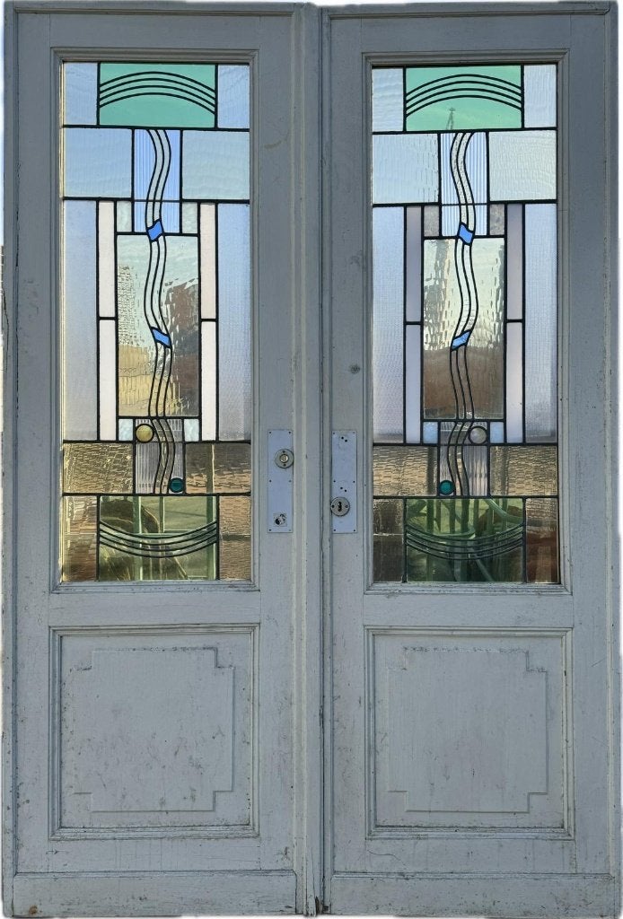 Set Jugendstil openslaande glas in lood deuren 217x159cm