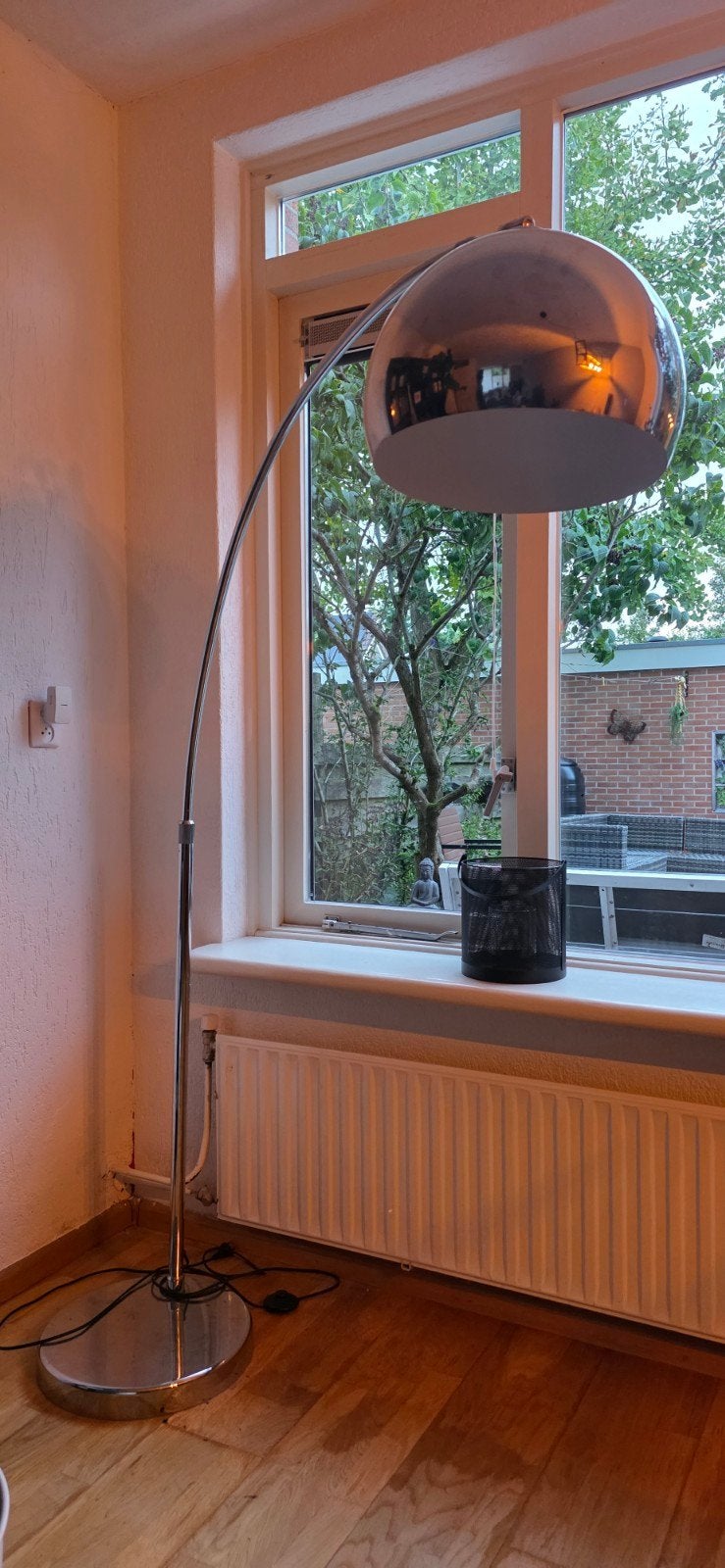 Booglamp Chroom met Grote Bolle Kap - Modern Design, Zo goed als nieuw, Modern, Tijdloos, Metaal, 150 tot 200 cm