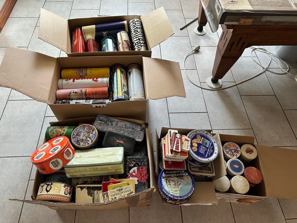Verzameling vintage blikken: whisky, bier, koffie, thee, Ophalen, Gebruikt, Overige, Overige merken