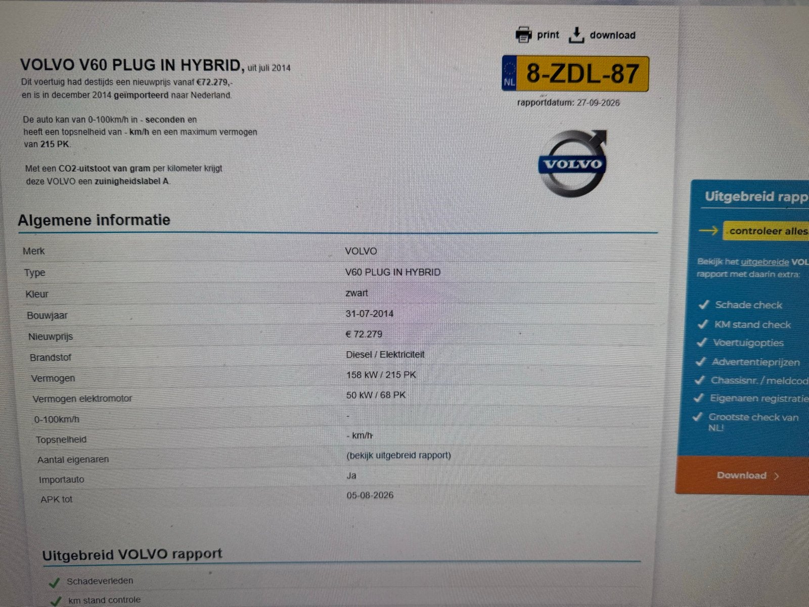 Volvo V60 D6 215pk Plug-in Hybrid 2014 Zwart, Auto's, 1849 kg, 1800 kg, Zwart, Plug-in hybride