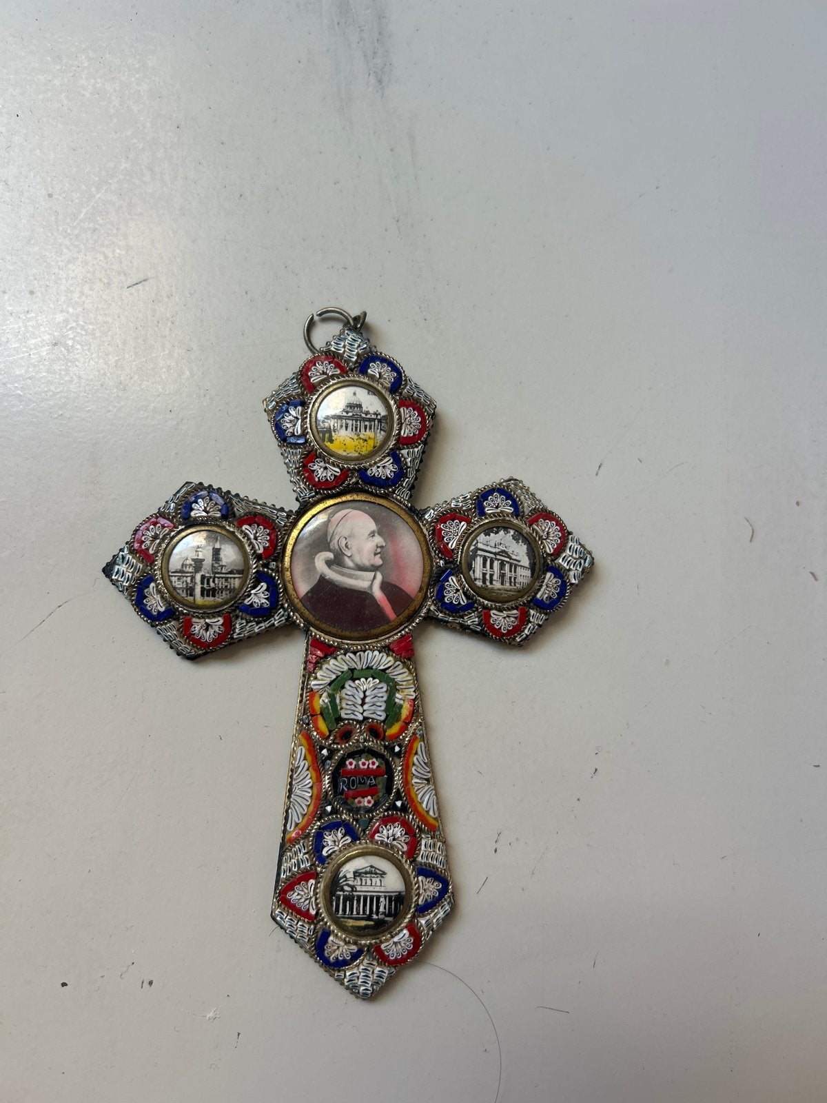 Antiek micro-mozaïek kruis met paus en basilieken, Ophalen of Verzenden