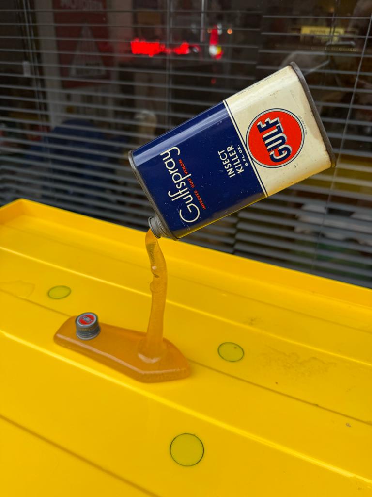 Gulf oud reclame olie blik met druppel, Reclamebord, Gebruikt, ., Ophalen of Verzenden