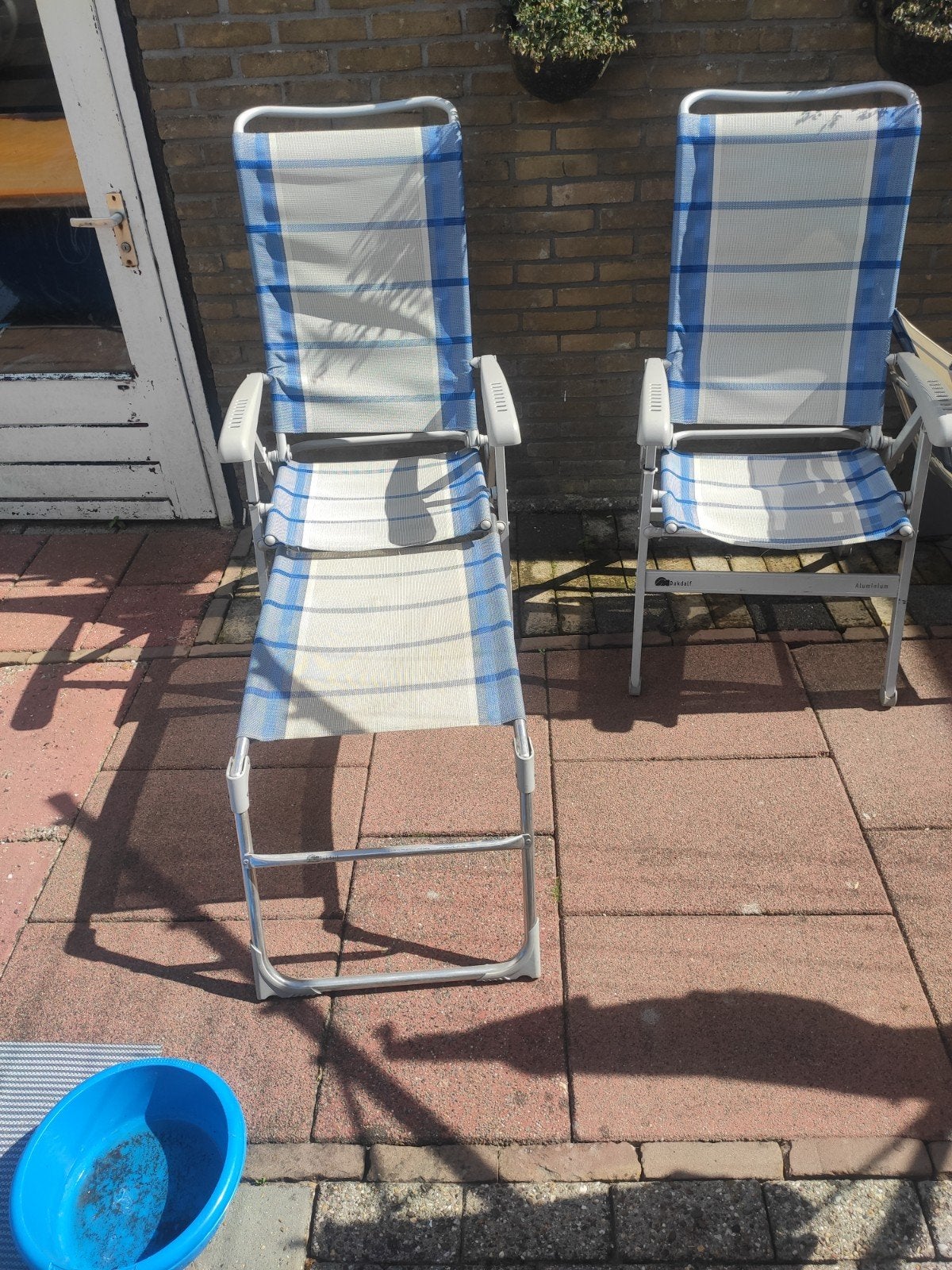 2x Dukdalf stoelen met voetenbankje, Tuin en Terras, Tuinstoelen, Ophalen, Gebruikt, Textileen, Verstelbaar