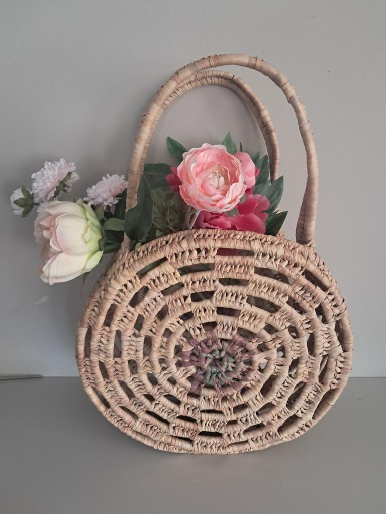 Stijlvolle ronde rieten tas, Ophalen of Verzenden, Zo goed als nieuw, Beige, Handtas