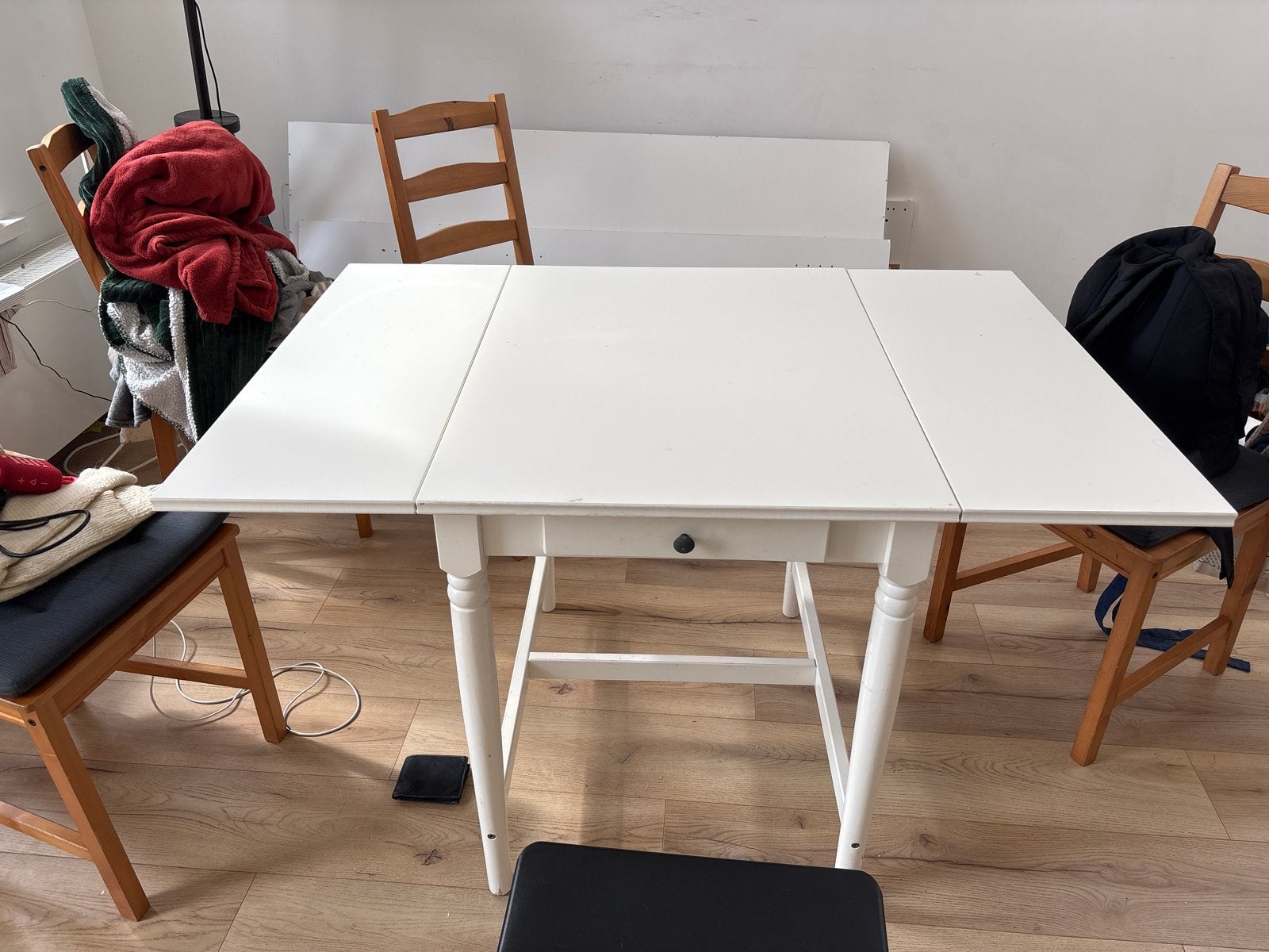 Witte uitschuifbare eettafel met lade, Ophalen, Gebruikt, 100 tot 150 cm, 50 tot 100 cm