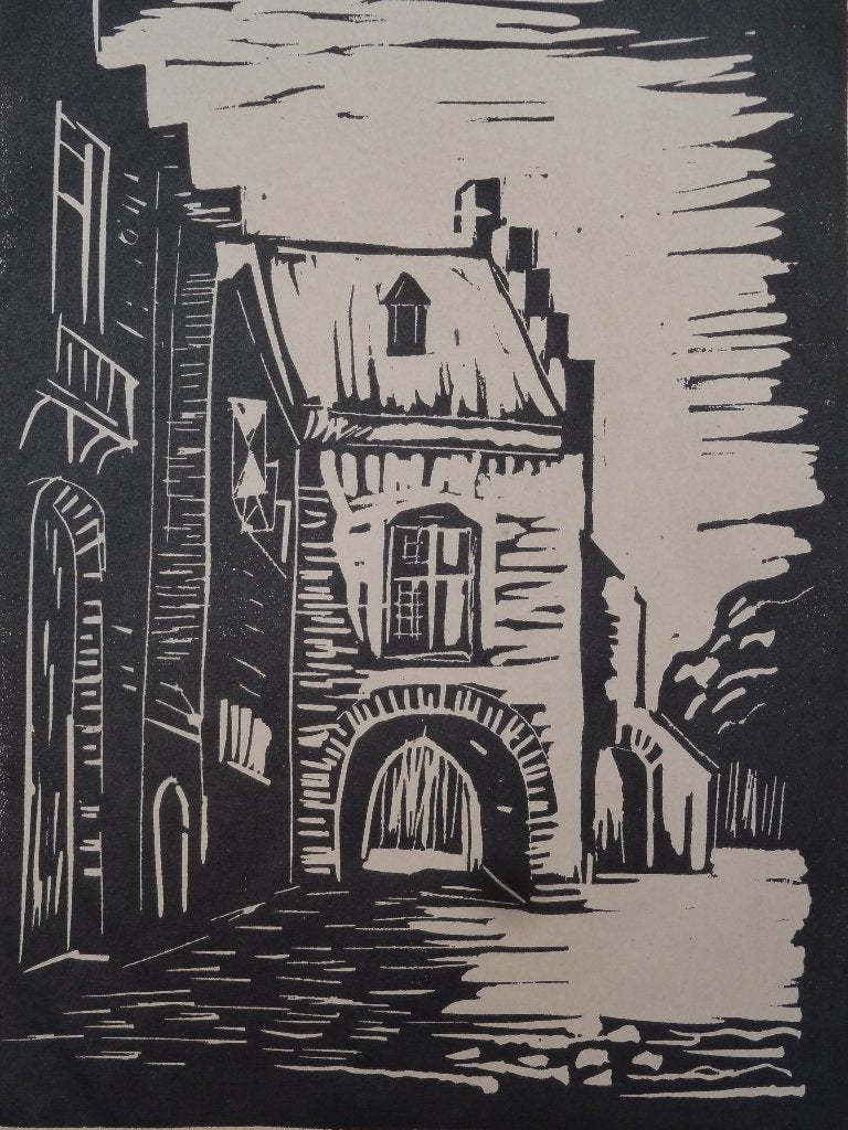 houtsnede Gevangenpoort Den Haag, J. Burger, 1933, Antiek en Kunst, Architectuur, Ophalen of Verzenden, 1900 - 1949, Houtsnede
