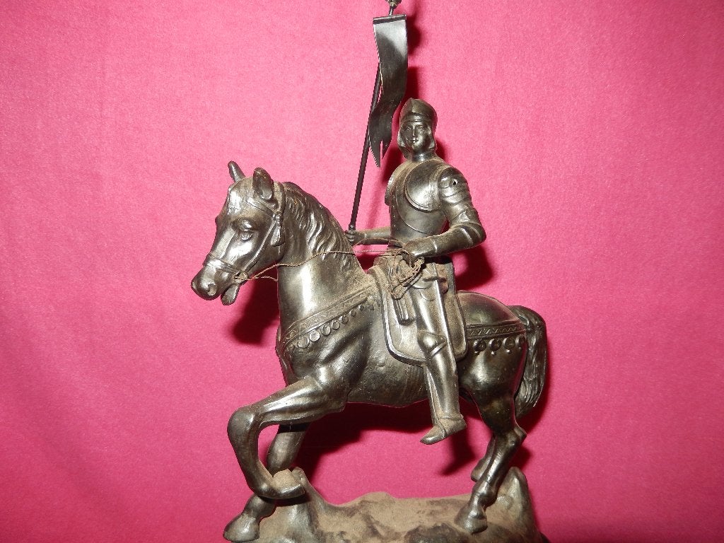 Antiek beeld van ridder te paard, Gepatineerd, Ophalen of Verzenden, Beeld, Man