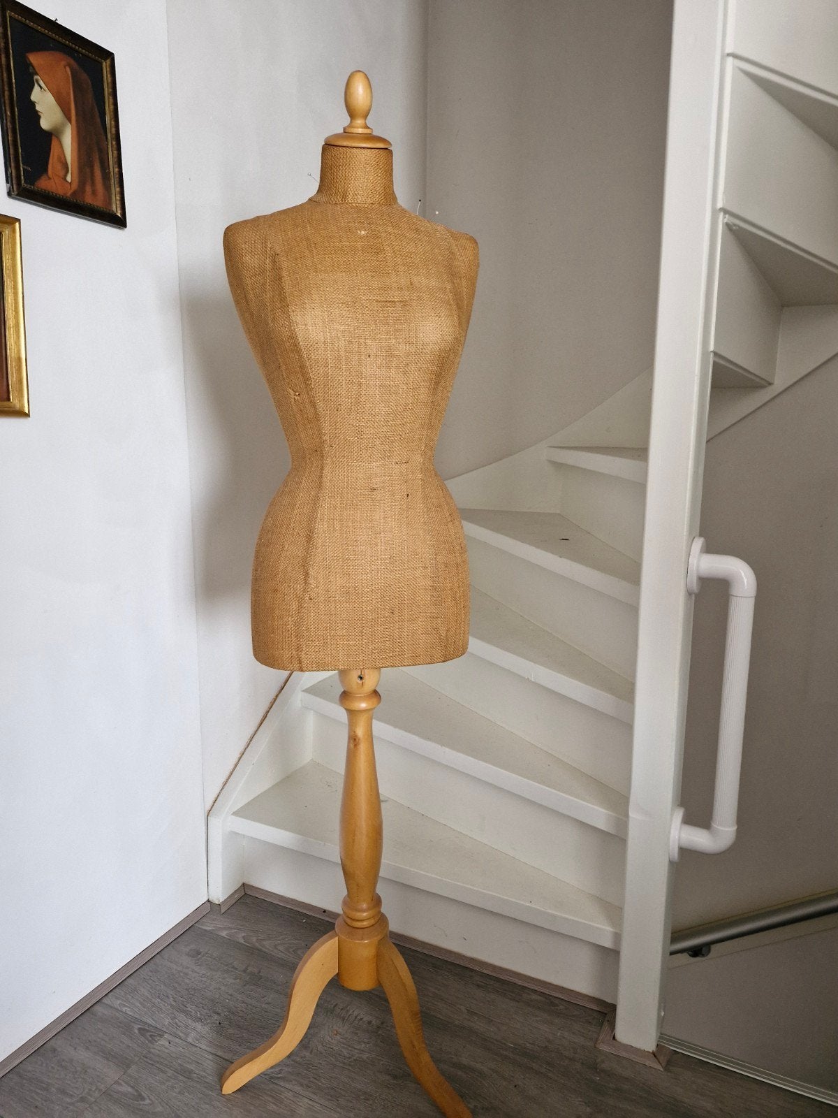 Vintage paspop / etalagepop van jute op houten standaard, Ophalen, Gebruikt
