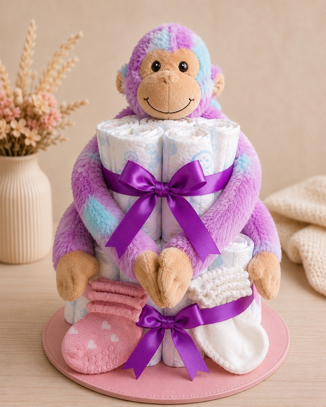 Luiertaart met knuffelaapje en babysokjes, Ophalen of Verzenden, Nieuw, Kraamcadeau