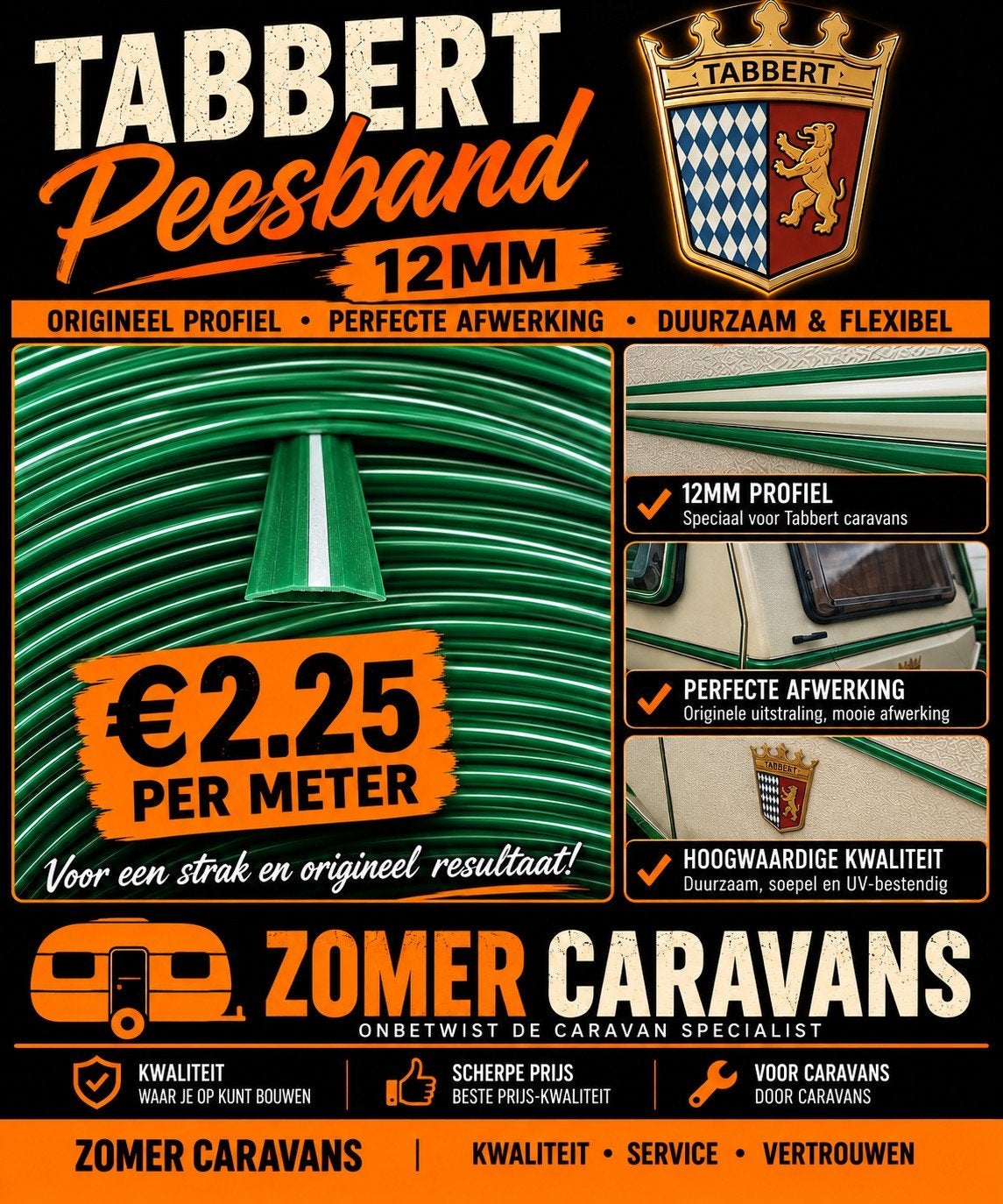 Tabbert Peesband 12mm - Groen-wit  Rood-Wit per meter, Caravans en Kamperen, Ophalen of Verzenden, Nieuw