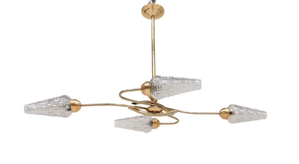 Vintage messing hanglamp, vier glazen kappen, jaren 50–60, Ophalen, Gebruikt, Glas, Mid-century, jaren 50-60