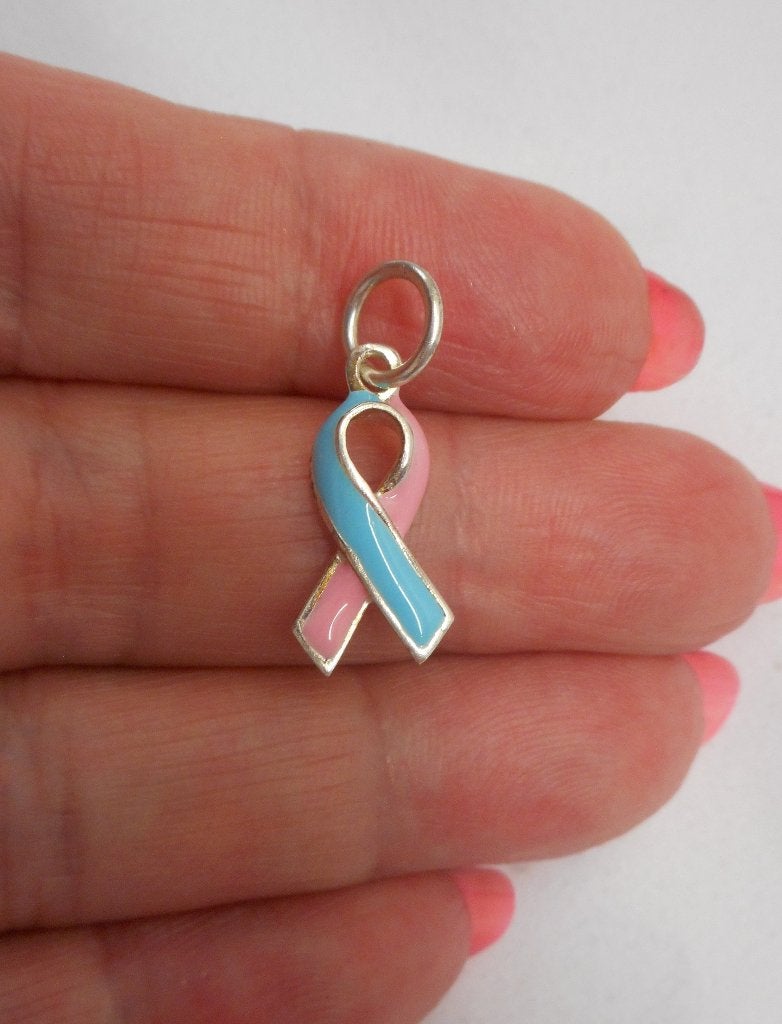 Zilveren ribbon hangertje (awareness) roze met blauw nr.643