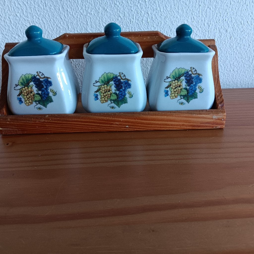Set van 3 kruidenpotjes met houten houder, Antiek en Kunst, Ophalen of Verzenden