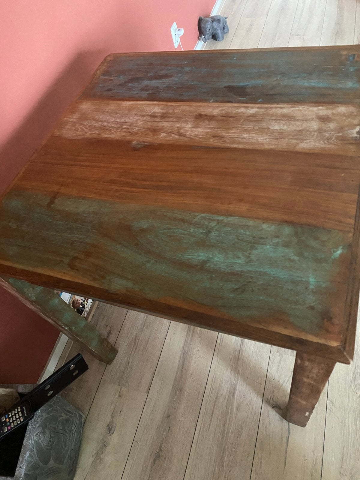 Unieke eettafel 80x80 cm - Gerecycled hout, Huis en Inrichting, Tafels | Eettafels, Ophalen, Gebruikt, Vierkant, Tot twee personen