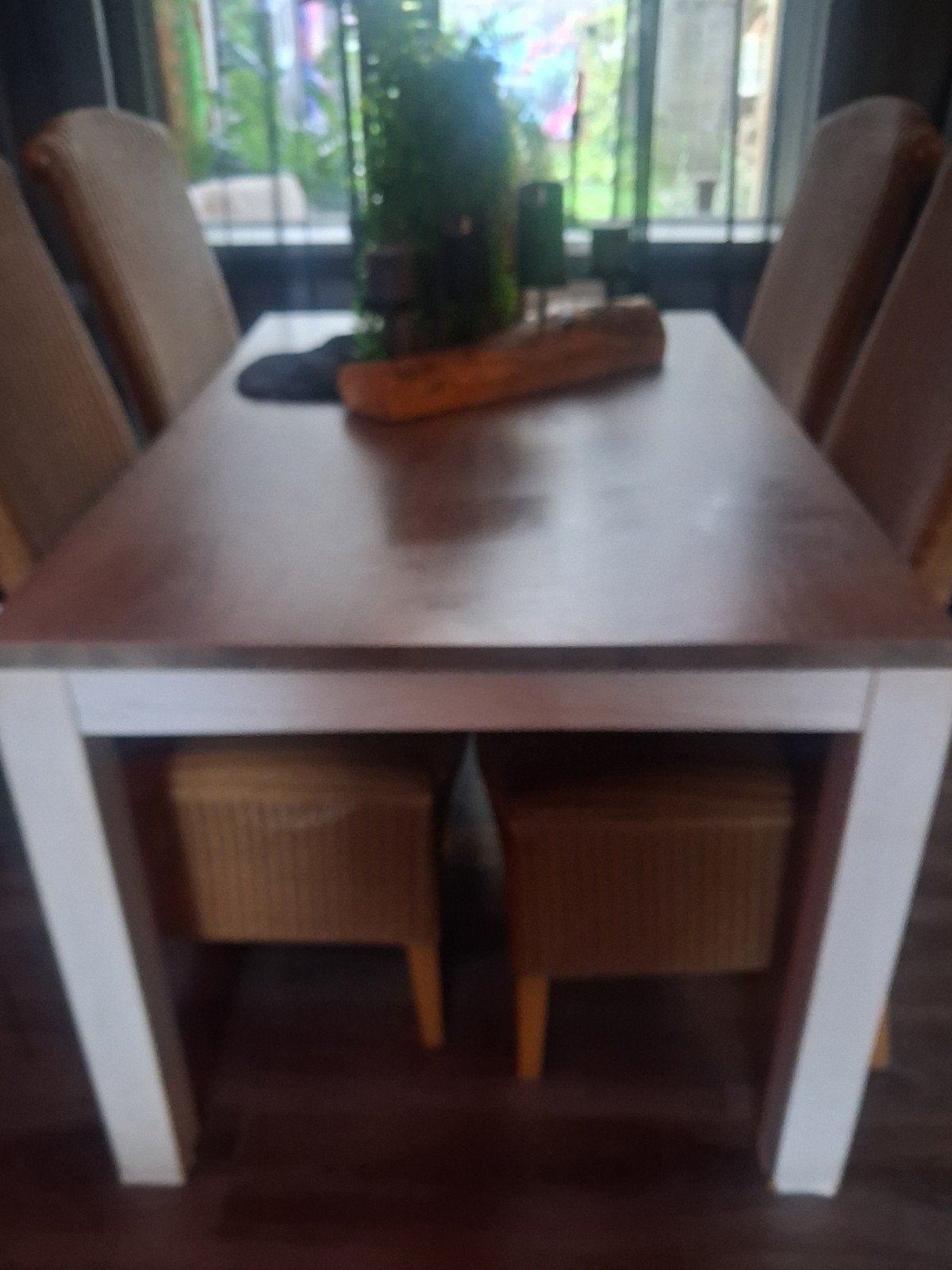 Eettafel met 6 rieten stoelen, Ophalen, Gebruikt, 100 tot 150 cm, 50 tot 100 cm