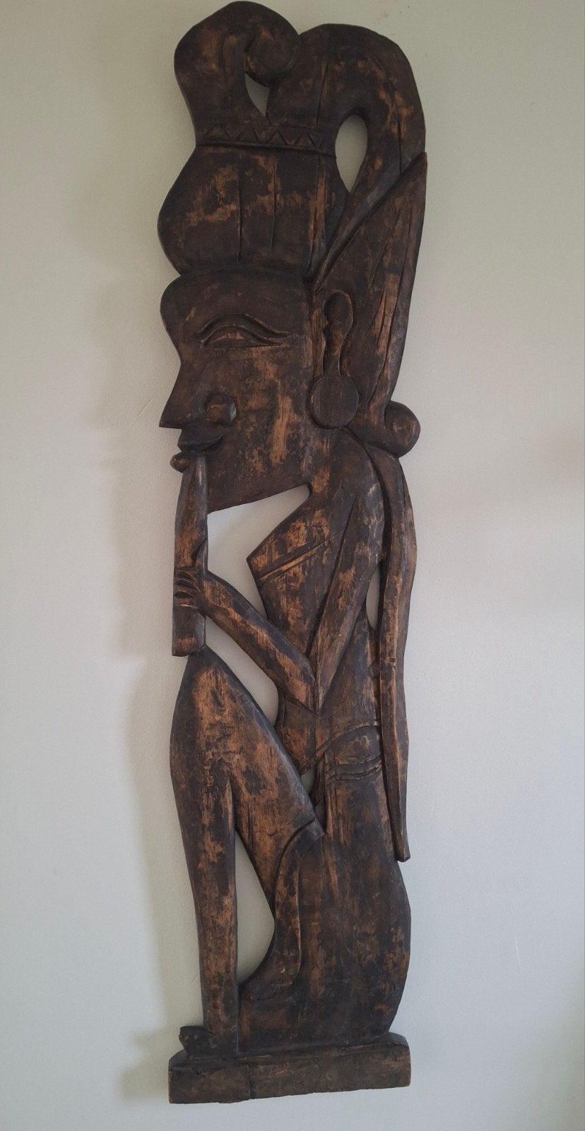 Groot houten Balinees wandpaneel - Vrouw met fluit, Antiek en Kunst, Ophalen of Verzenden