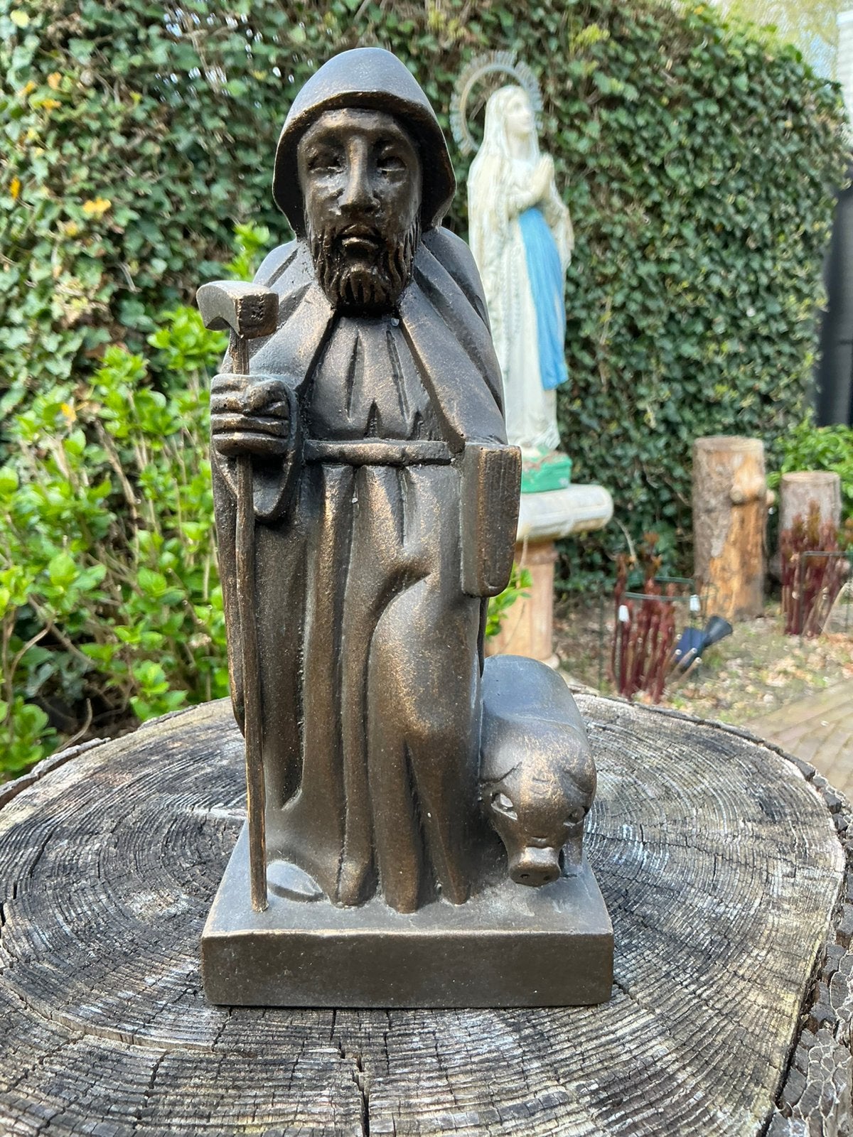 Oud gebronsd beeld ❤️ St. Anthonius Abt met varken, Ophalen of Verzenden