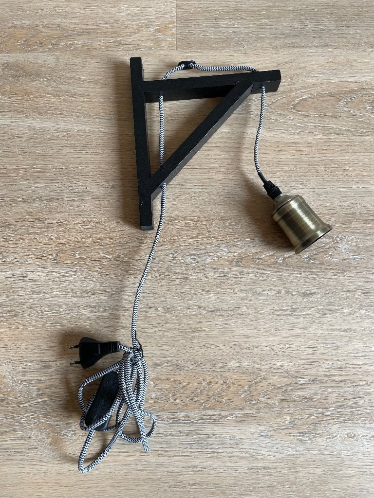 Houten wandlamp in kleur zwart / goud, Ophalen, Gebruikt, Zwart, E27 (groot)