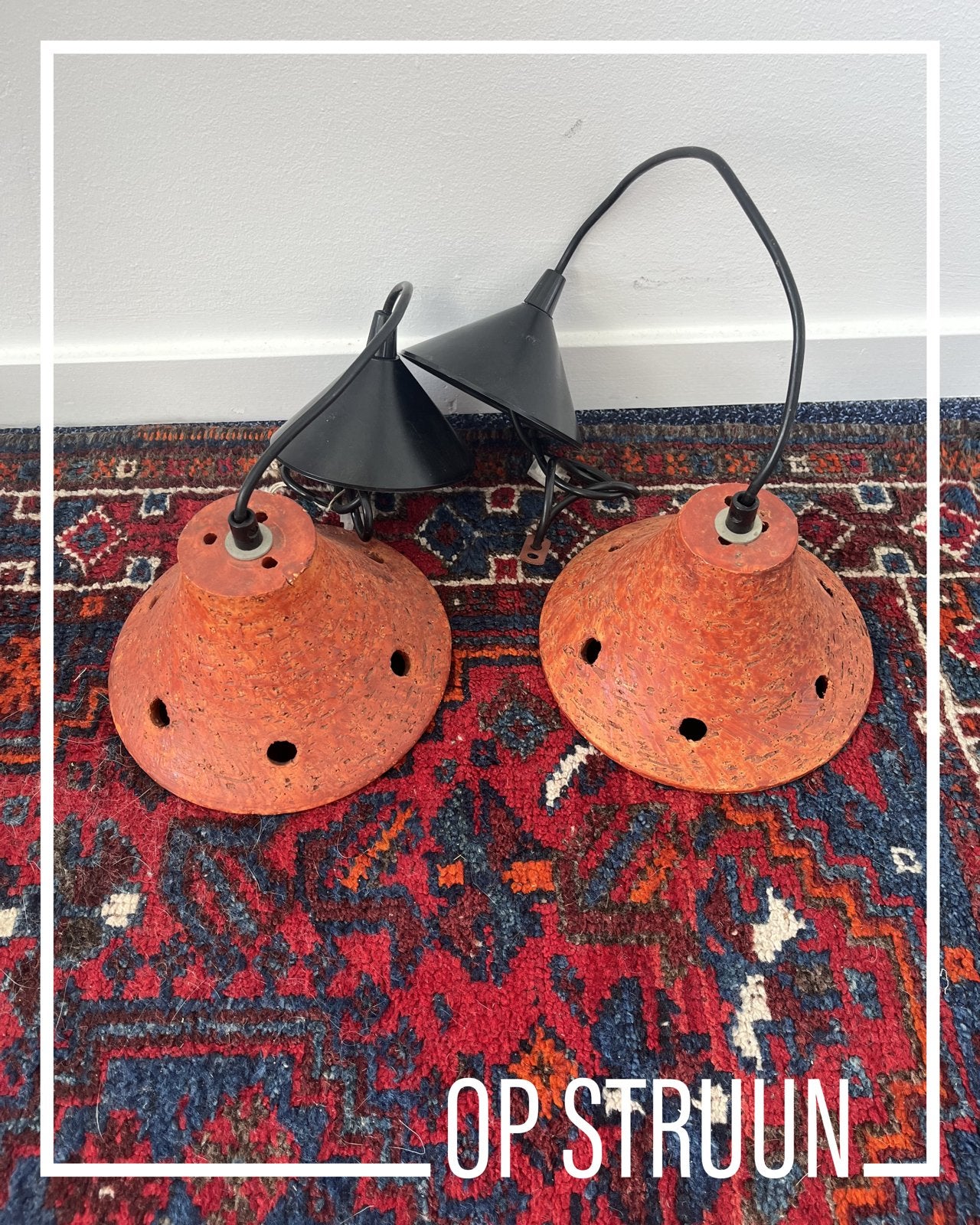 Set van 2 vintage fat lava terracotta hanglampen, Ophalen, Overige materialen, Minder dan 50 cm, Gebruikt