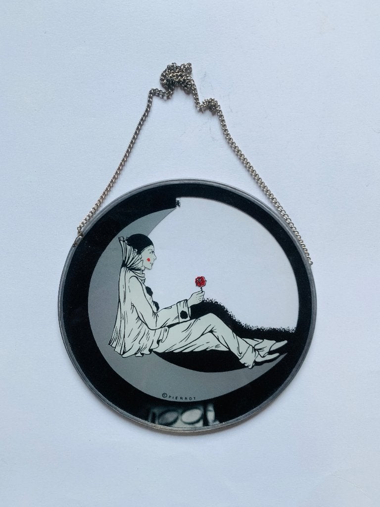 Vintage Raamhanger Pierrot op Maan 15cm - Glas in Lood Stijl, Gebruikt, 15 cm, Wandhanger, Vintage